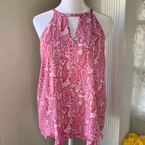Violet & Clair pink paisley halter top with layered hem and flattering neckline